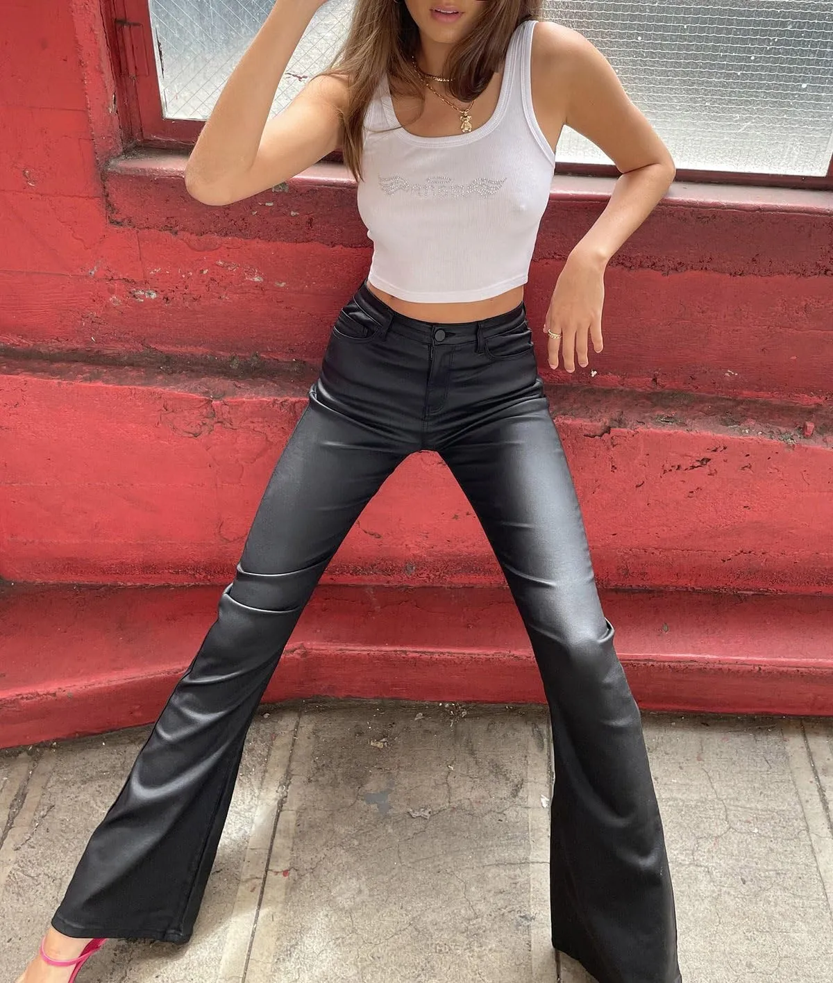 Women Faux Leather Flare Pants PU High Waisted Skinny Bell Bottoms Leggings Trendy Bootcut Pants with Slant Pocket