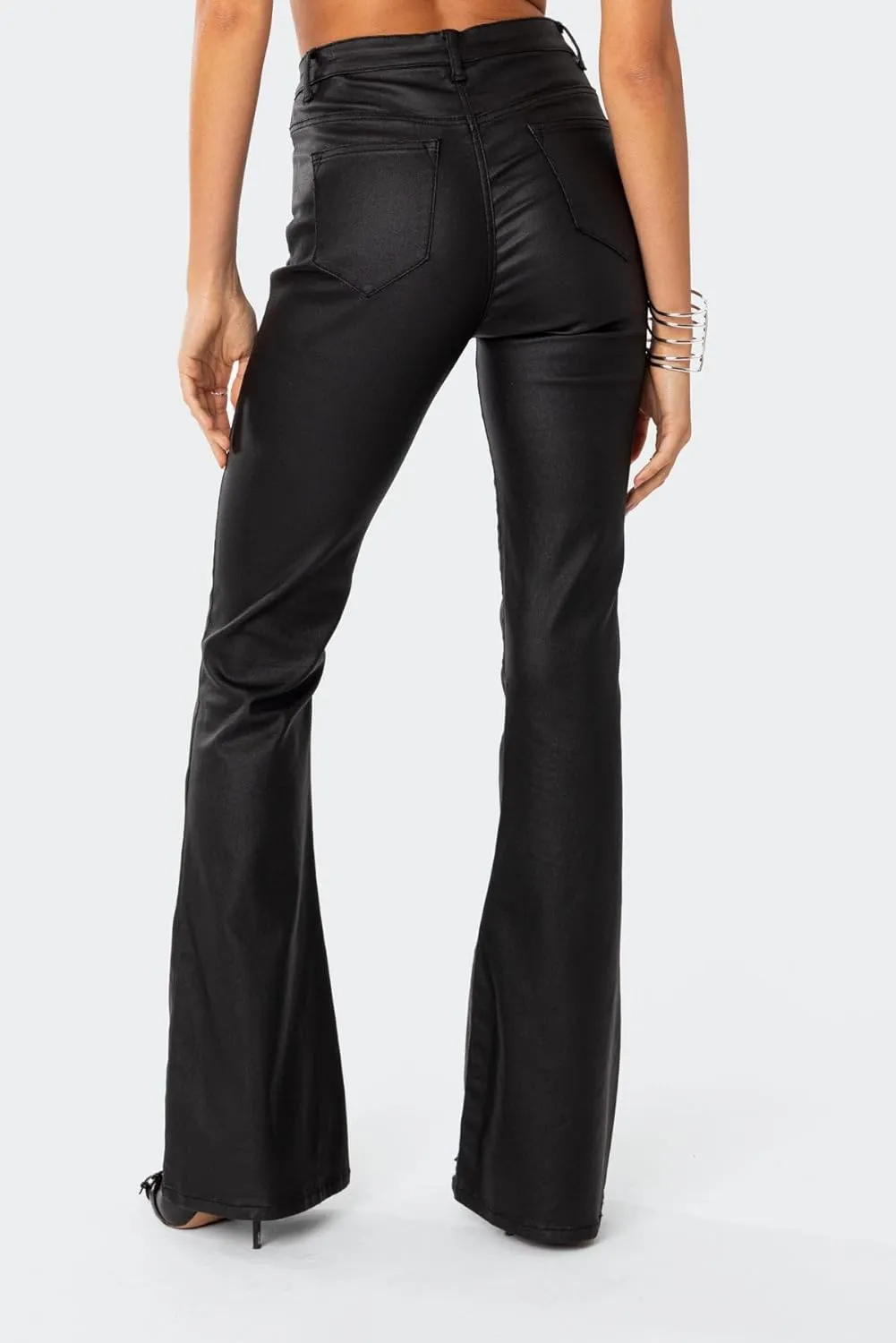 Women Faux Leather Flare Pants PU High Waisted Skinny Bell Bottoms Leggings Trendy Bootcut Pants with Slant Pocket