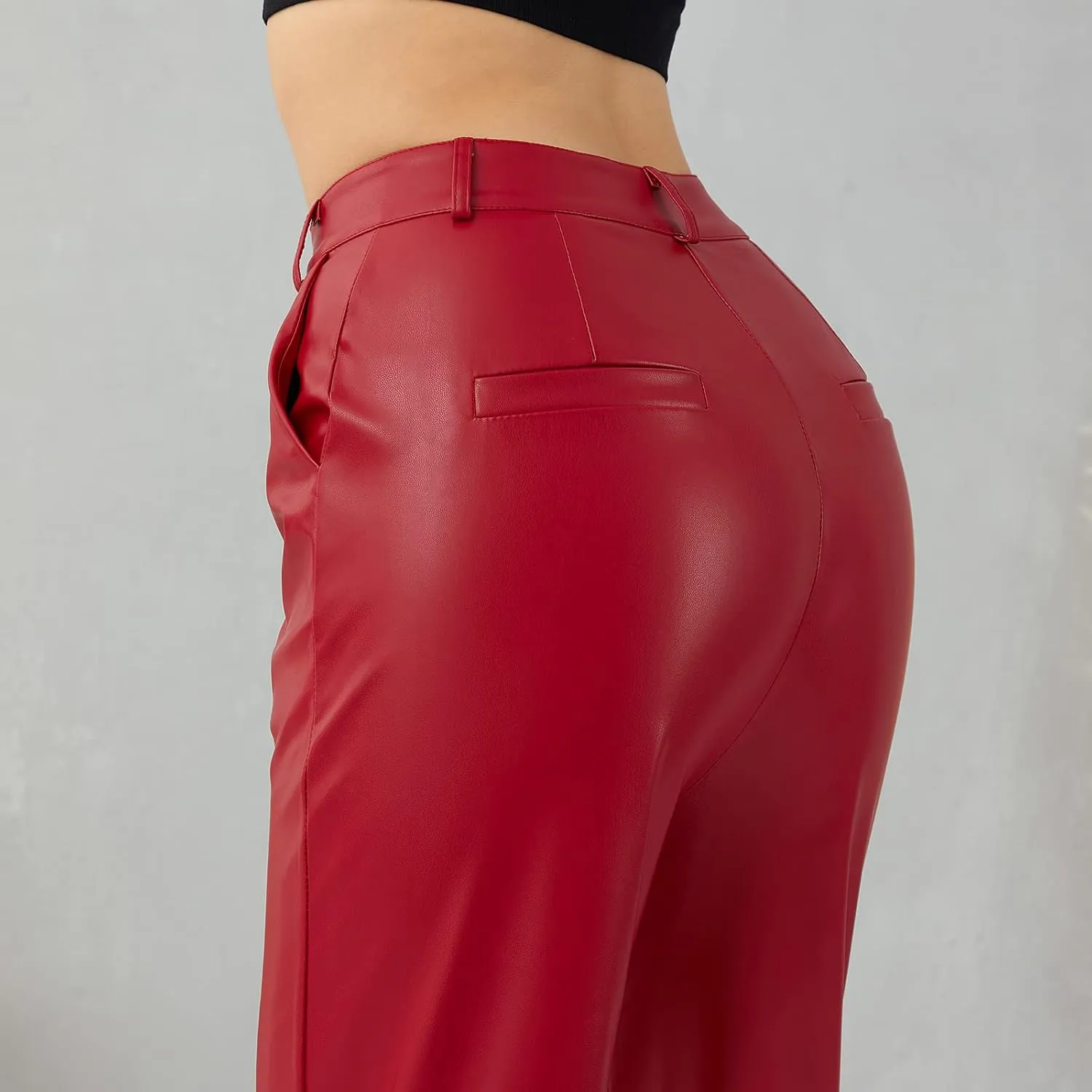 Women Faux Leather Flare Pants PU High Waisted Skinny Bell Bottoms Leggings Trendy Bootcut Pants with Slant Pocket