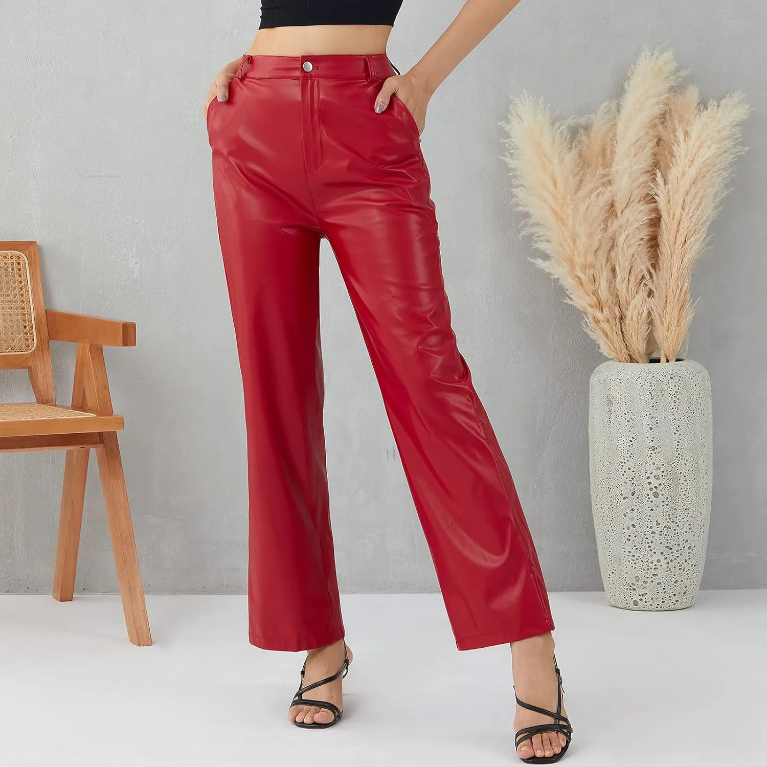 Women Faux Leather Flare Pants PU High Waisted Skinny Bell Bottoms Leggings Trendy Bootcut Pants with Slant Pocket