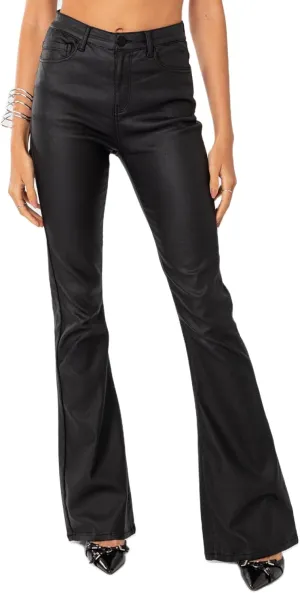 Women Faux Leather Flare Pants PU High Waisted Skinny Bell Bottoms Leggings Trendy Bootcut Pants with Slant Pocket