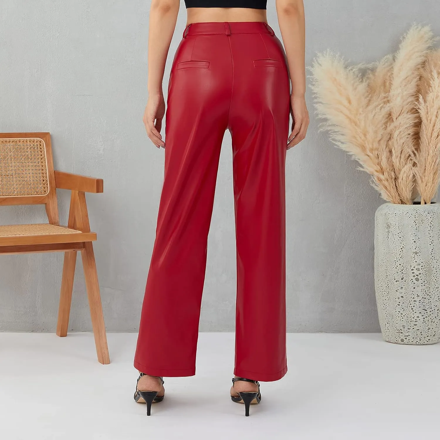 Women Faux Leather Flare Pants PU High Waisted Skinny Bell Bottoms Leggings Trendy Bootcut Pants with Slant Pocket