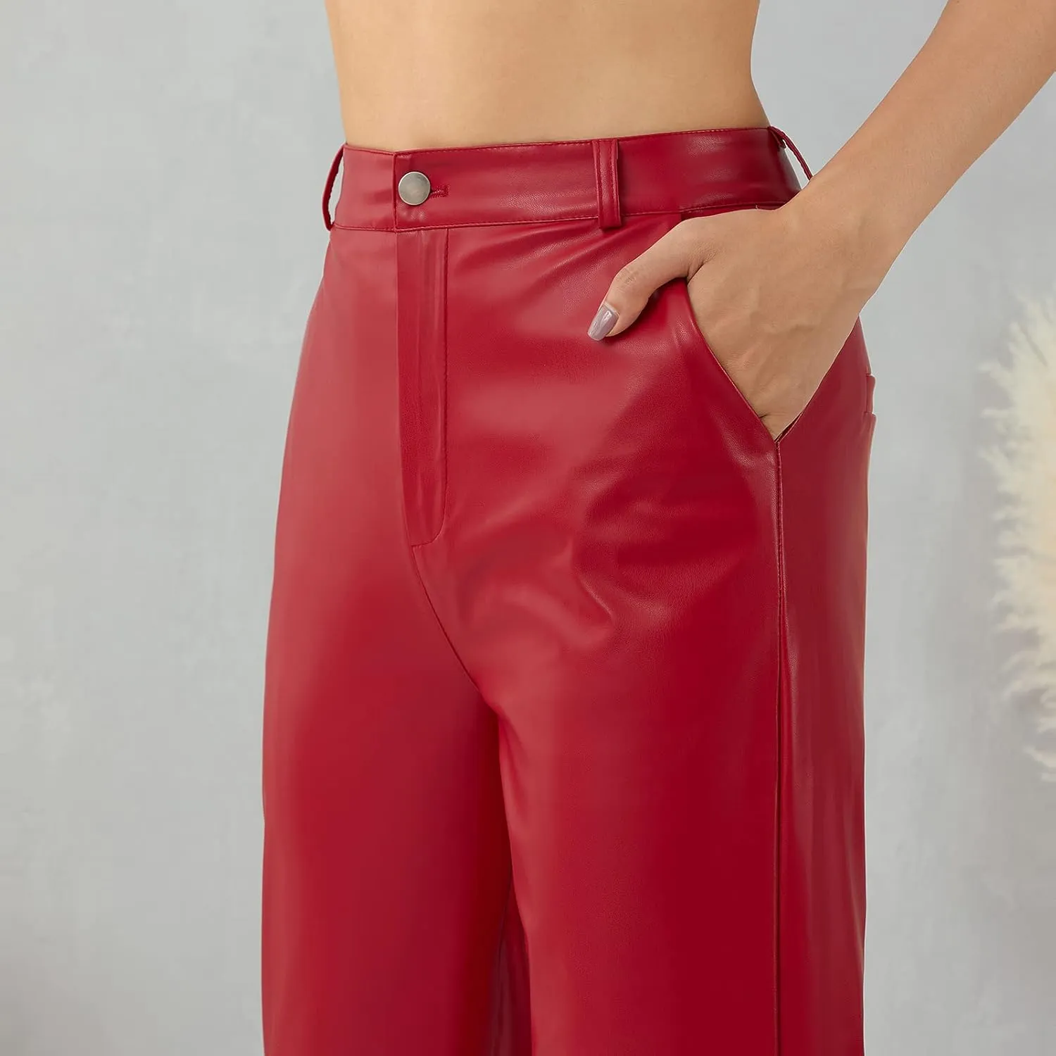 Women Faux Leather Flare Pants PU High Waisted Skinny Bell Bottoms Leggings Trendy Bootcut Pants with Slant Pocket