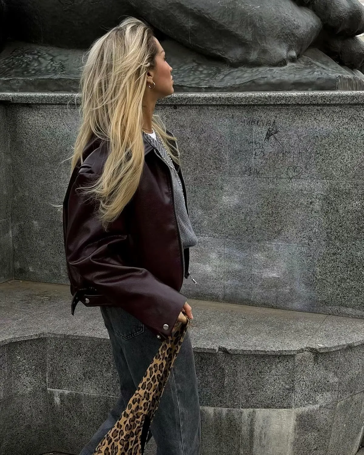 Women Gothic Faux Leather Jackets Oversized Vintage Outfits Grunge Punk Moto Biker Coat Y2K Altnertive Streetwear