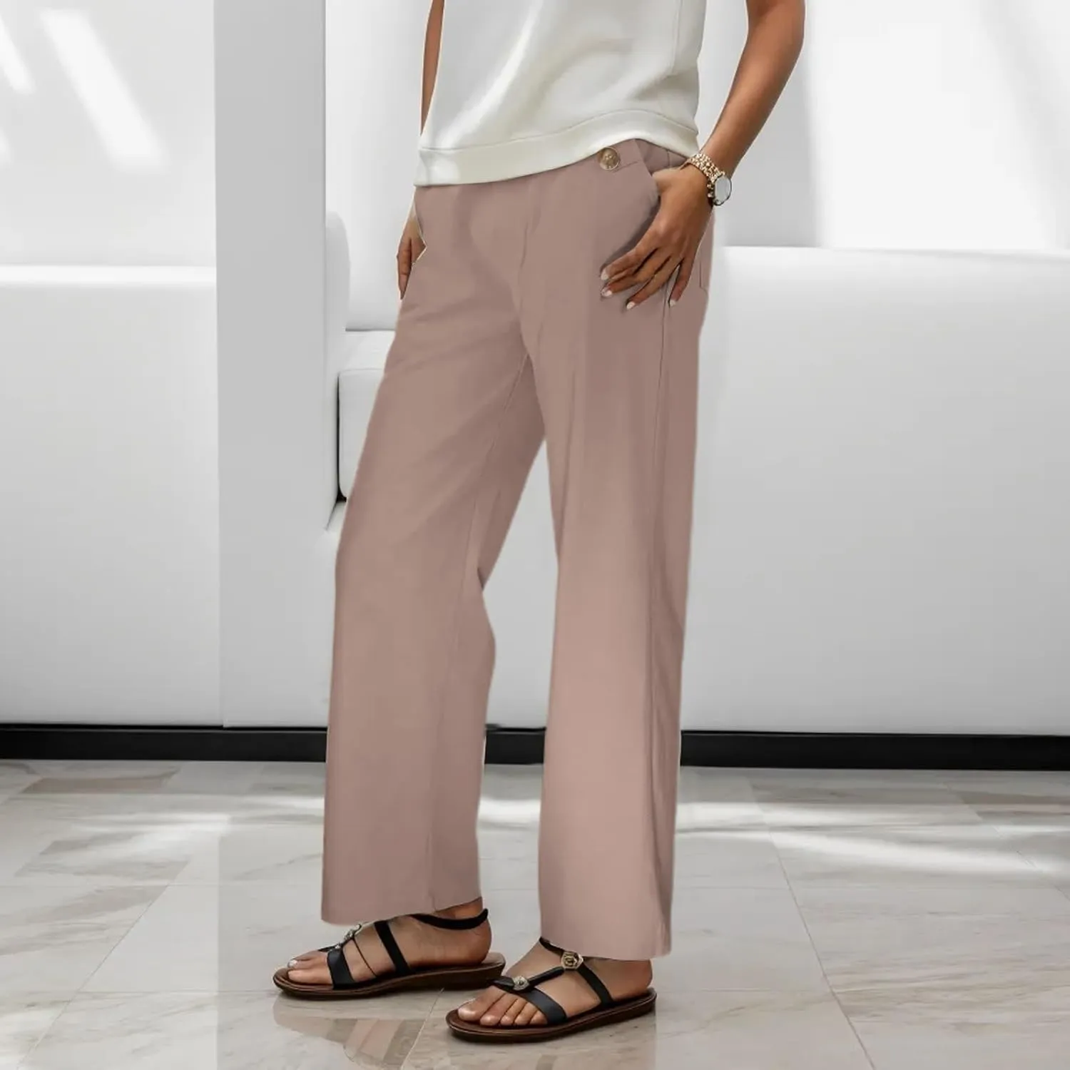 Women High Waist Casual Wide Leg Long Linen Palazzo Pants Trousers Stretch Twill Cropped Plus Size Pants with Pockets