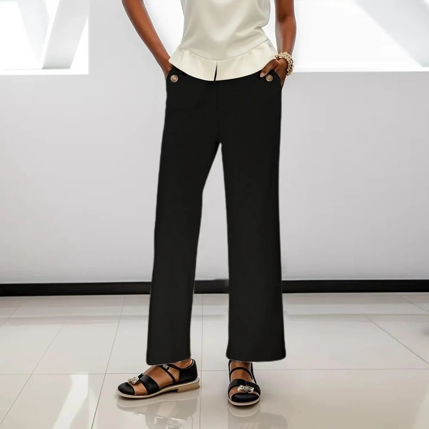 Women High Waist Casual Wide Leg Long Linen Palazzo Pants Trousers Stretch Twill Cropped Plus Size Pants with Pockets