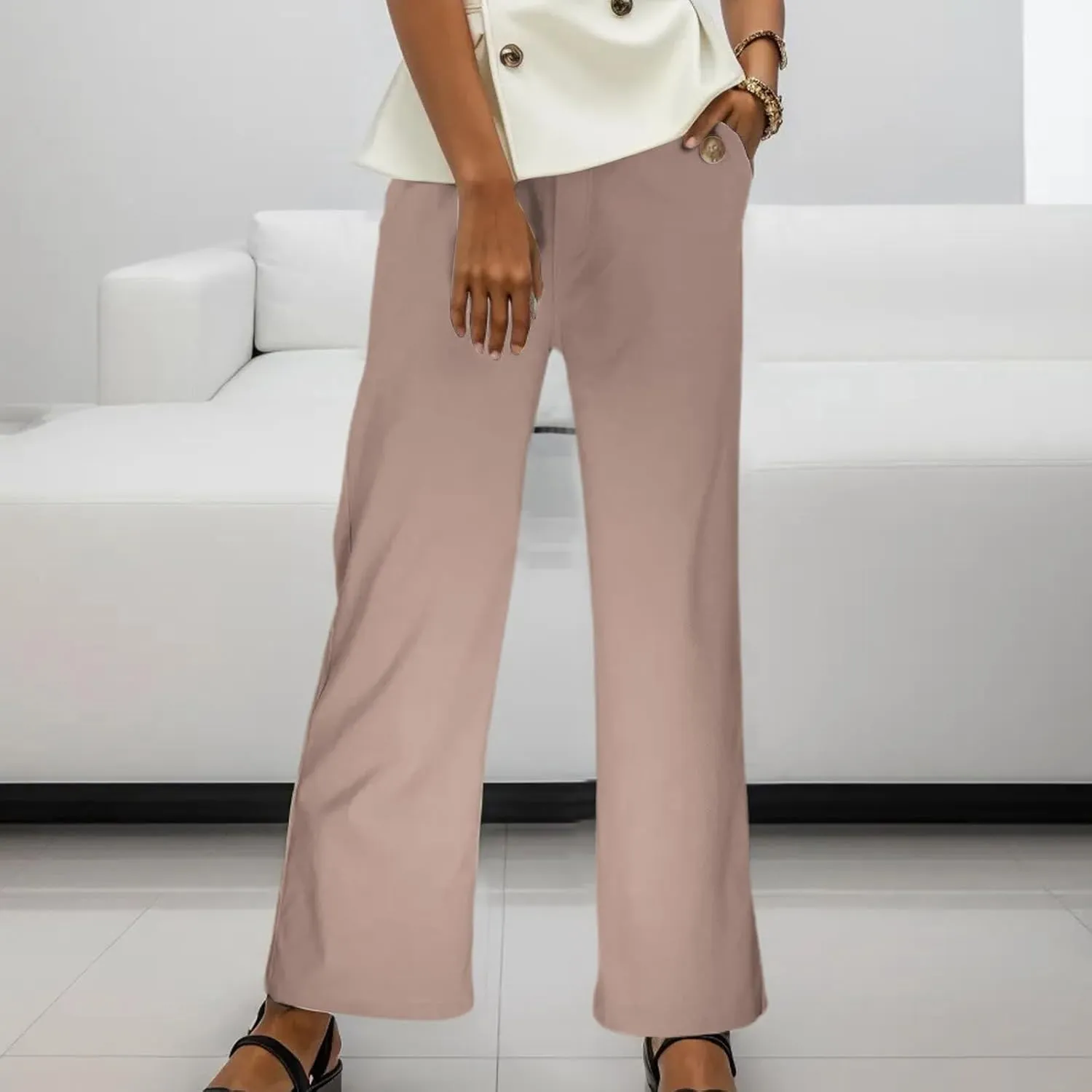 Women High Waist Casual Wide Leg Long Linen Palazzo Pants Trousers Stretch Twill Cropped Plus Size Pants with Pockets