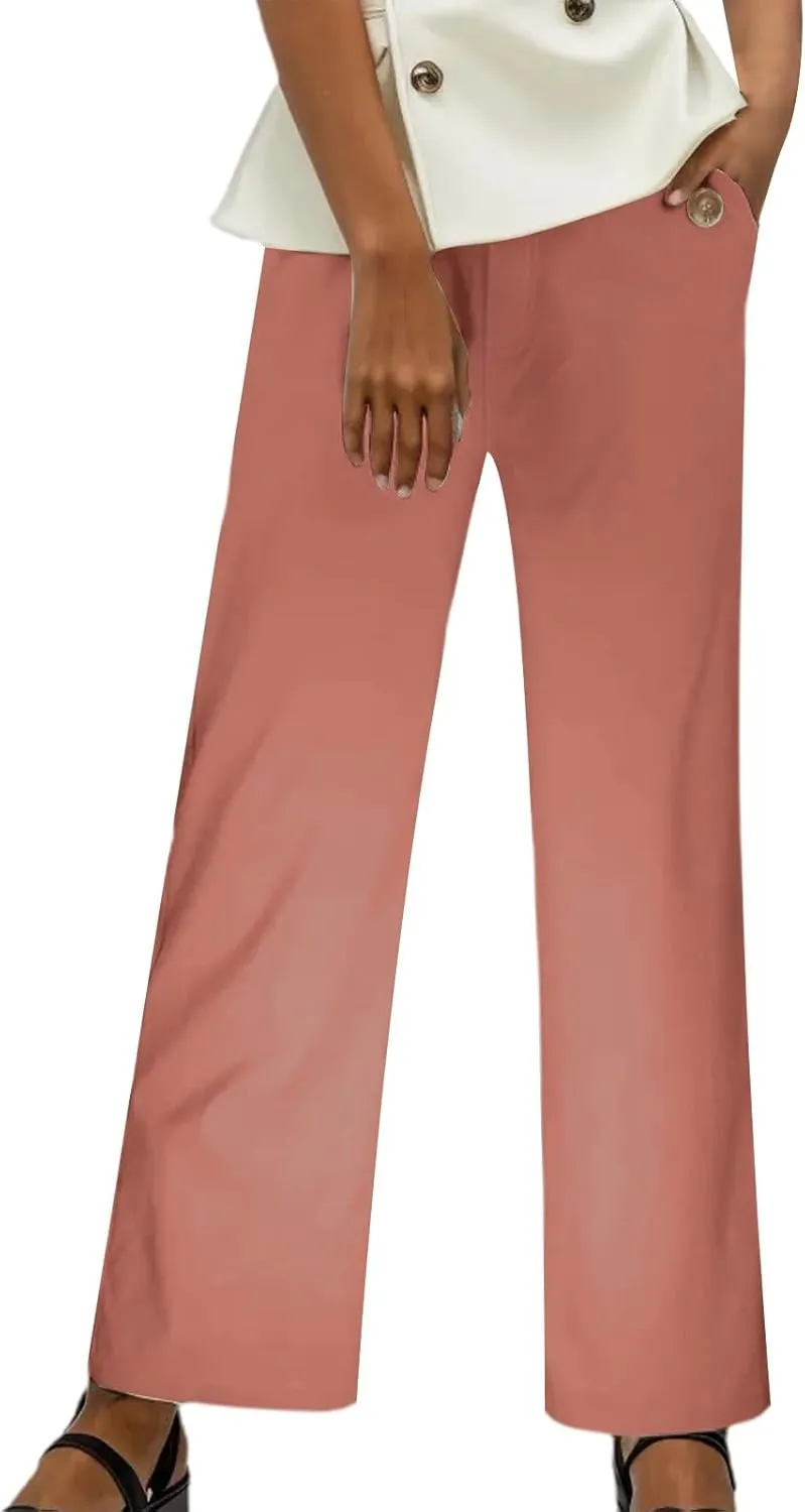 Women High Waist Casual Wide Leg Long Linen Palazzo Pants Trousers Stretch Twill Cropped Plus Size Pants with Pockets