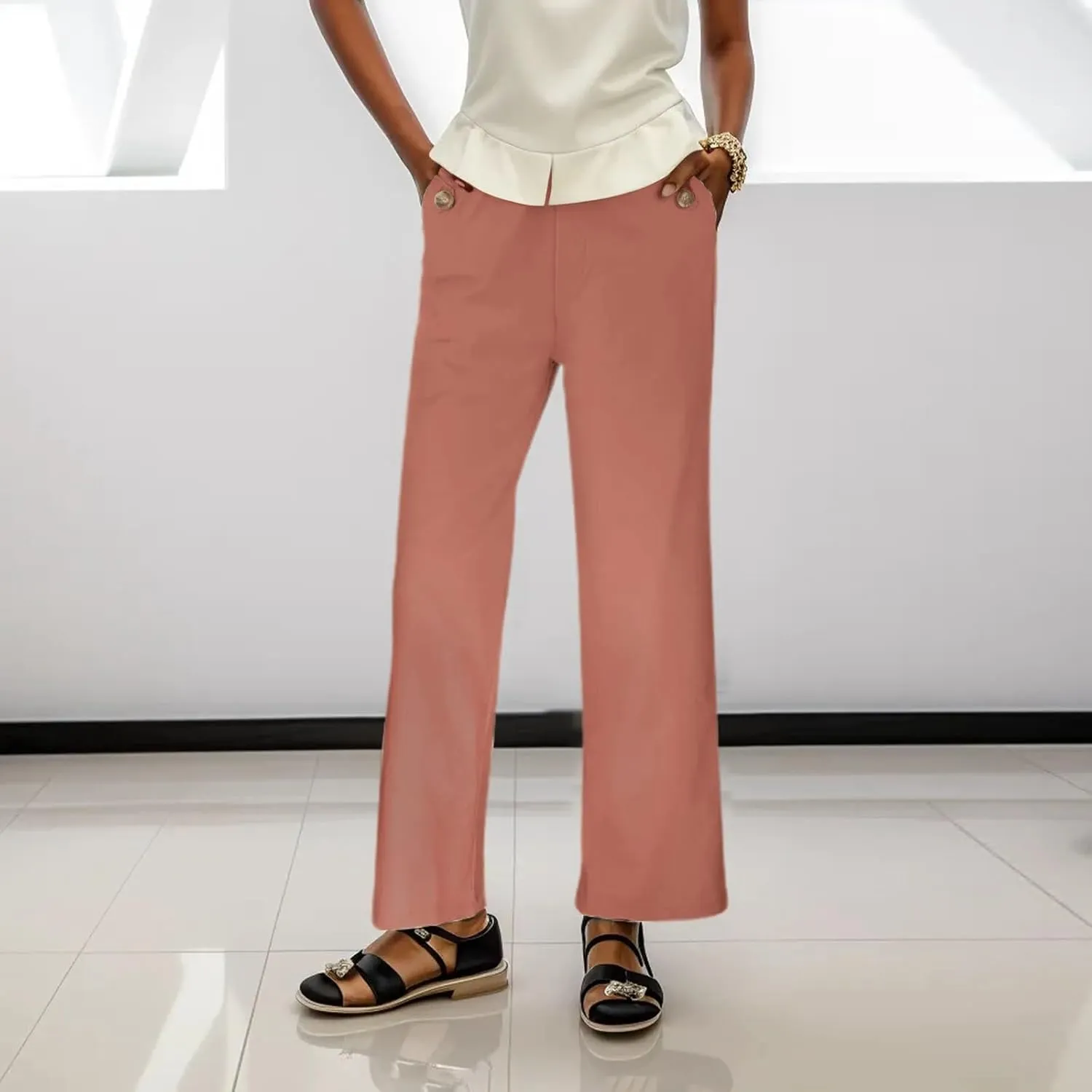 Women High Waist Casual Wide Leg Long Linen Palazzo Pants Trousers Stretch Twill Cropped Plus Size Pants with Pockets