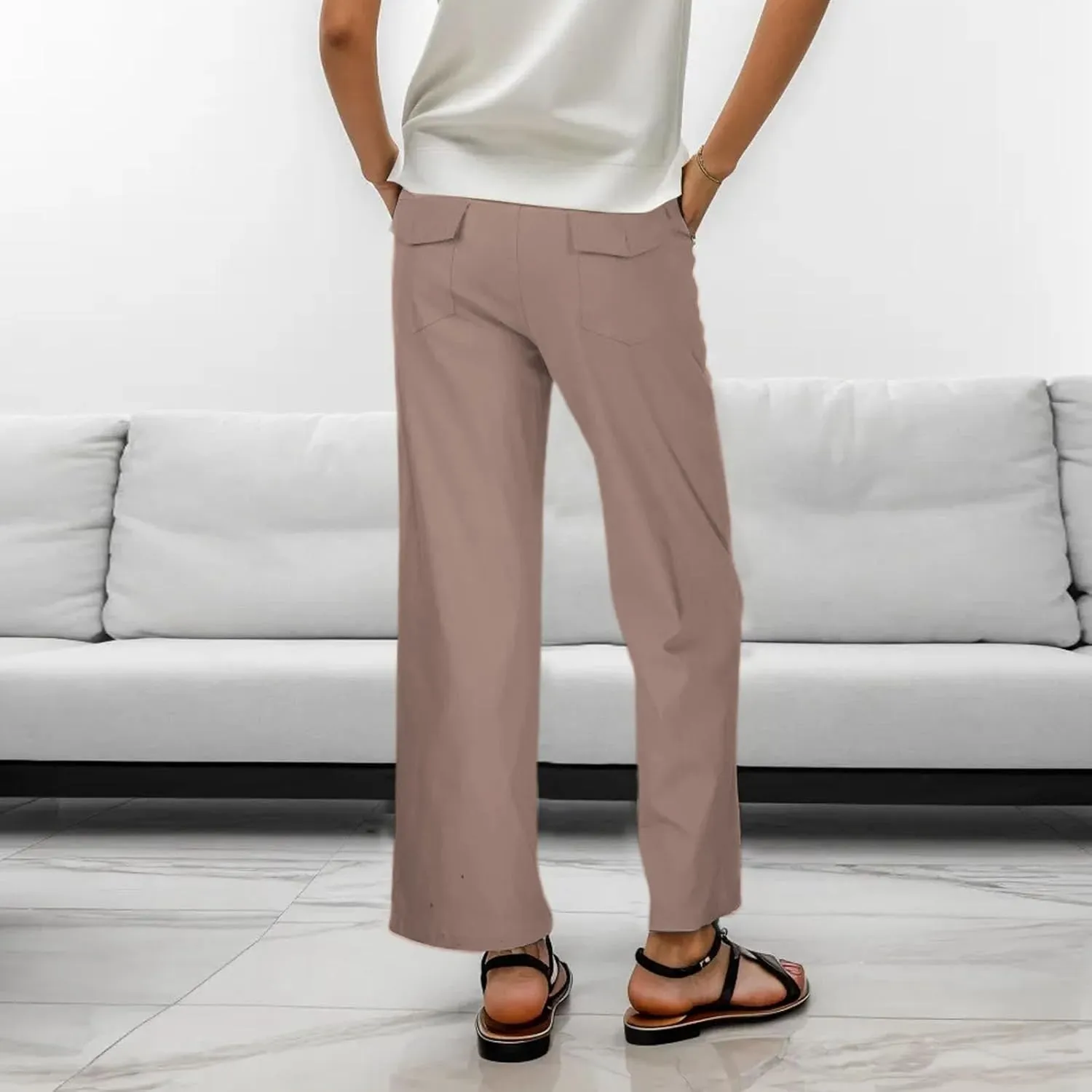 Women High Waist Casual Wide Leg Long Linen Palazzo Pants Trousers Stretch Twill Cropped Plus Size Pants with Pockets