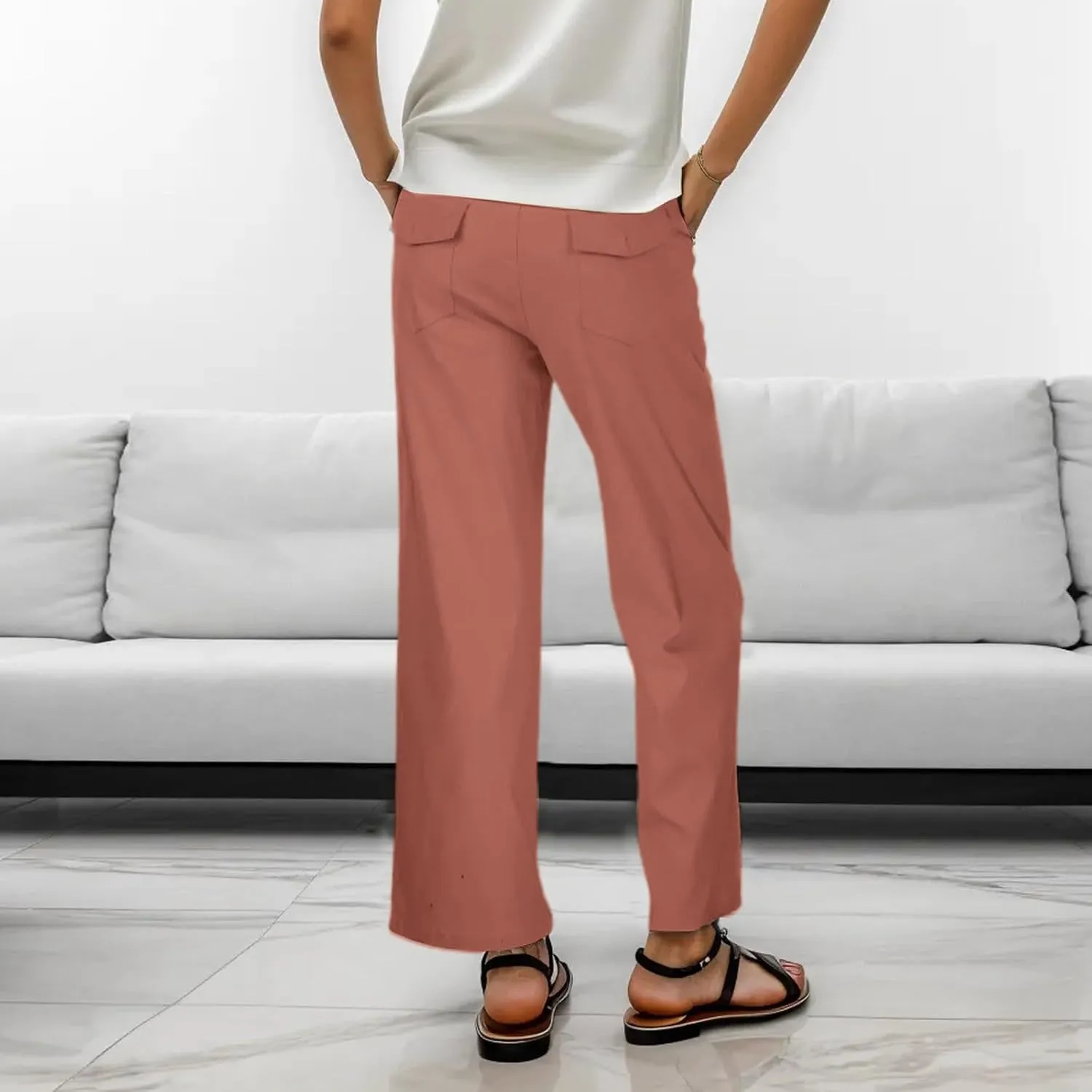 Women High Waist Casual Wide Leg Long Linen Palazzo Pants Trousers Stretch Twill Cropped Plus Size Pants with Pockets