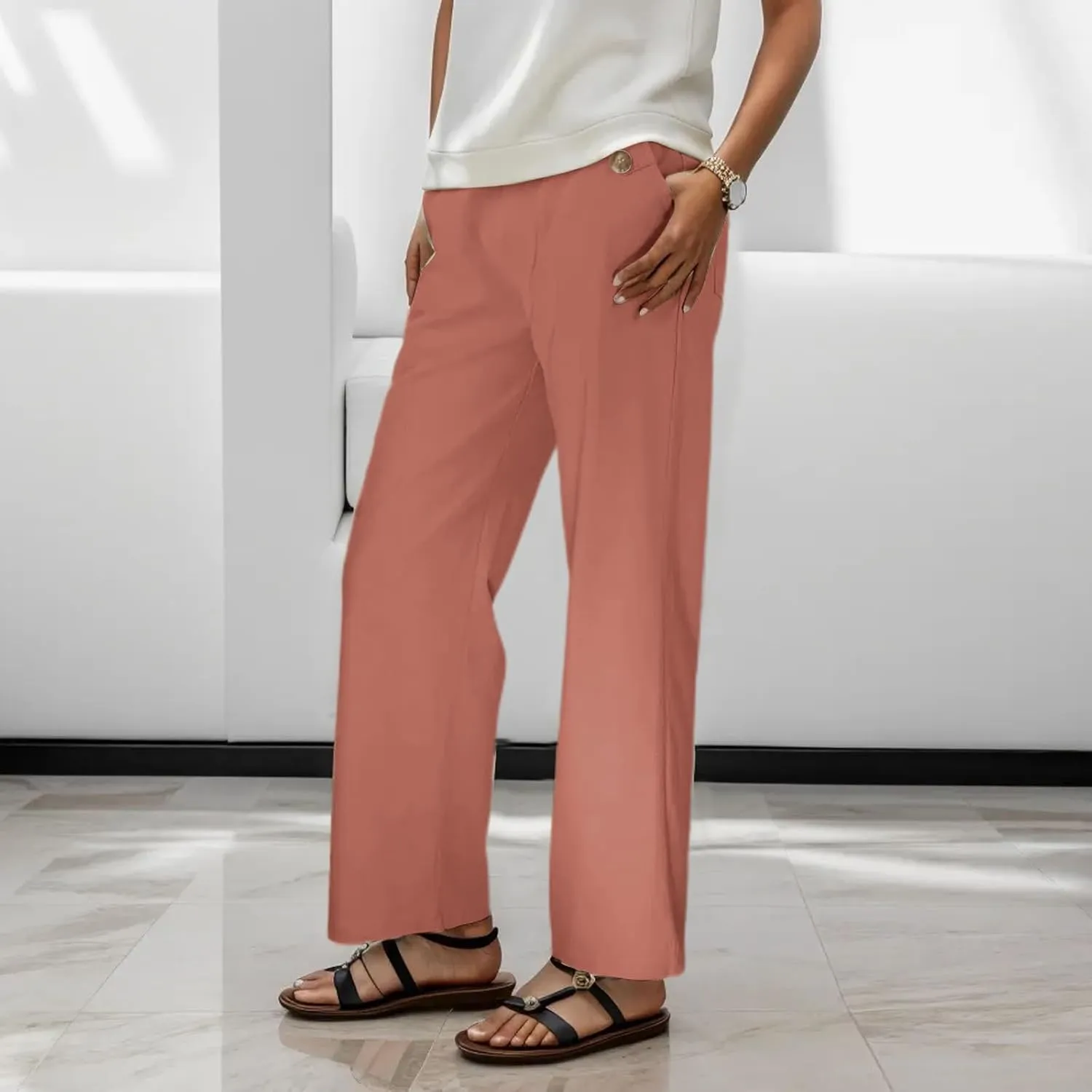 Women High Waist Casual Wide Leg Long Linen Palazzo Pants Trousers Stretch Twill Cropped Plus Size Pants with Pockets