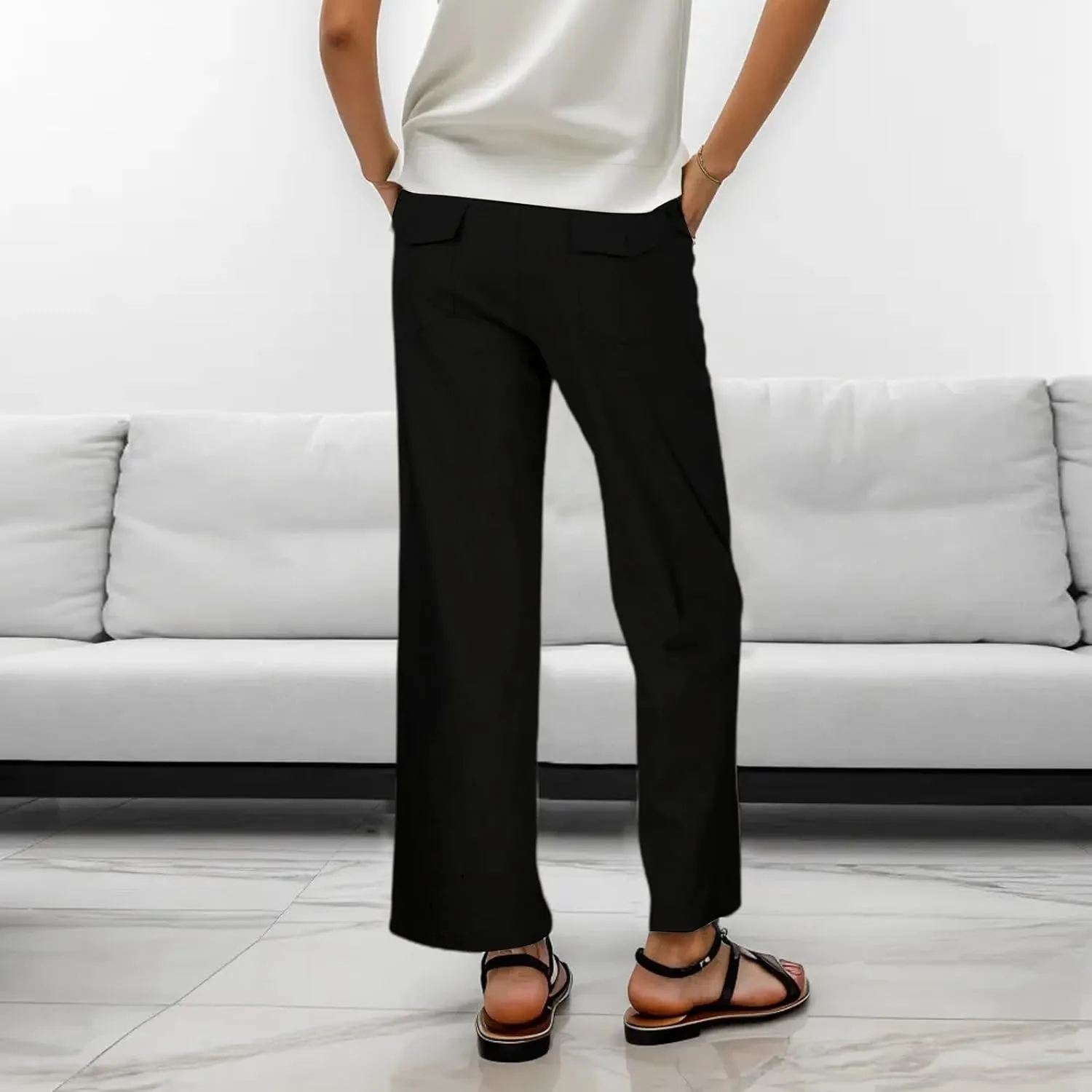 Women High Waist Casual Wide Leg Long Linen Palazzo Pants Trousers Stretch Twill Cropped Plus Size Pants with Pockets