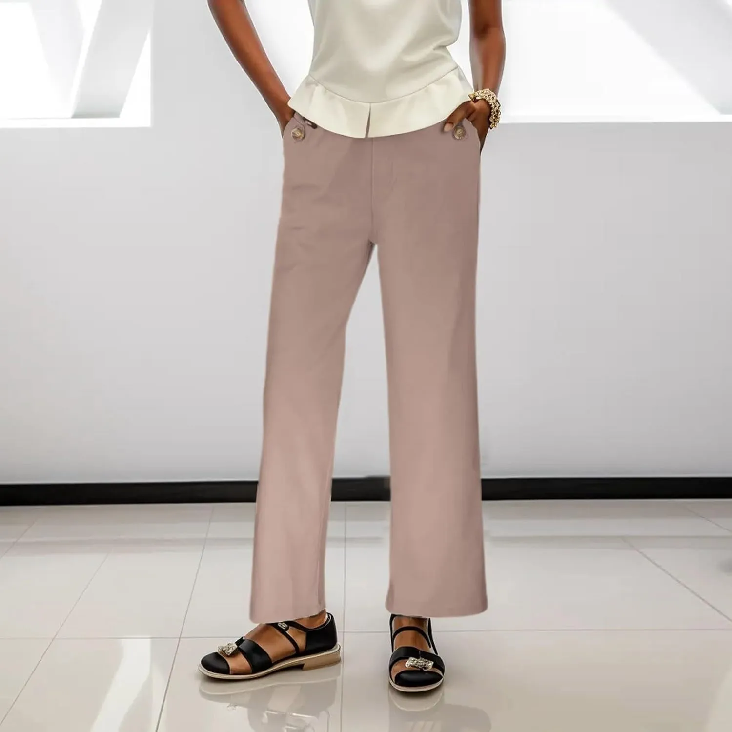 Women High Waist Casual Wide Leg Long Linen Palazzo Pants Trousers Stretch Twill Cropped Plus Size Pants with Pockets