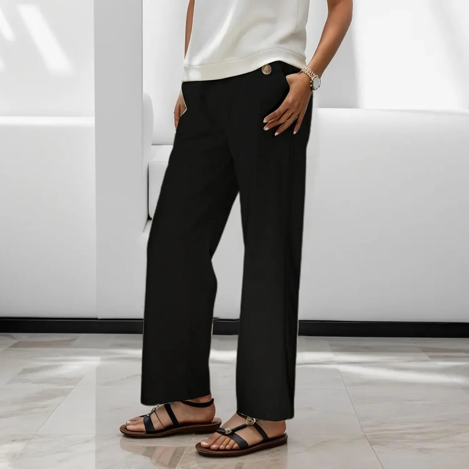 Women High Waist Casual Wide Leg Long Linen Palazzo Pants Trousers Stretch Twill Cropped Plus Size Pants with Pockets