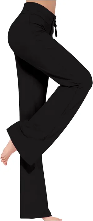 Women High Waist Yoga Trousers Solid Color Wide Leg Drawstring Casual Leggings Trendy Going Out Workout Yoga Pants