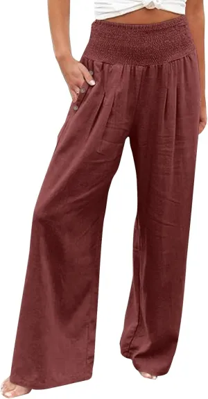 Women High Waisted Linen Palazzo Pants Summer Vacation 2025 Long Wide Leg Lounge Beach Pant Trousers with Pockets