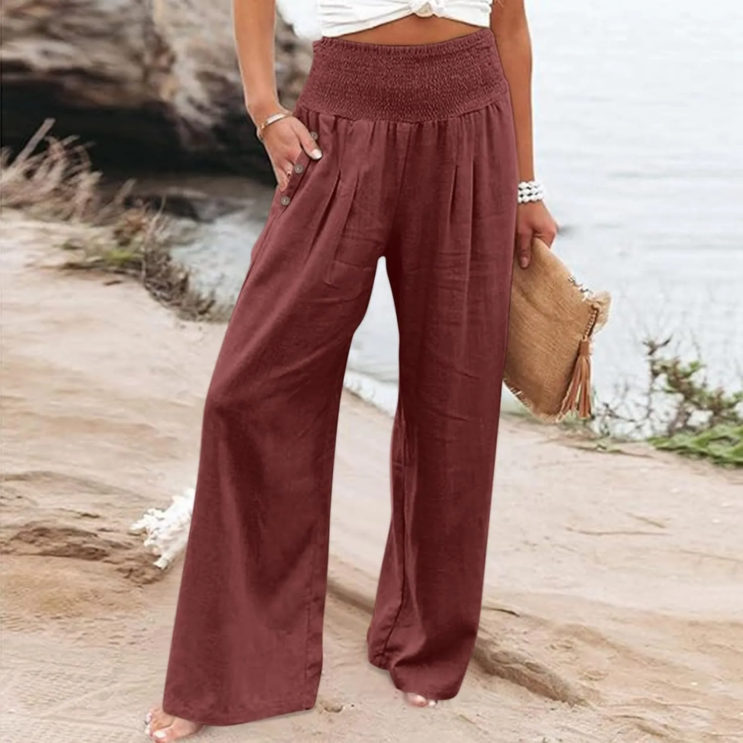 Women High Waisted Linen Palazzo Pants Summer Vacation 2025 Long Wide Leg Lounge Beach Pant Trousers with Pockets