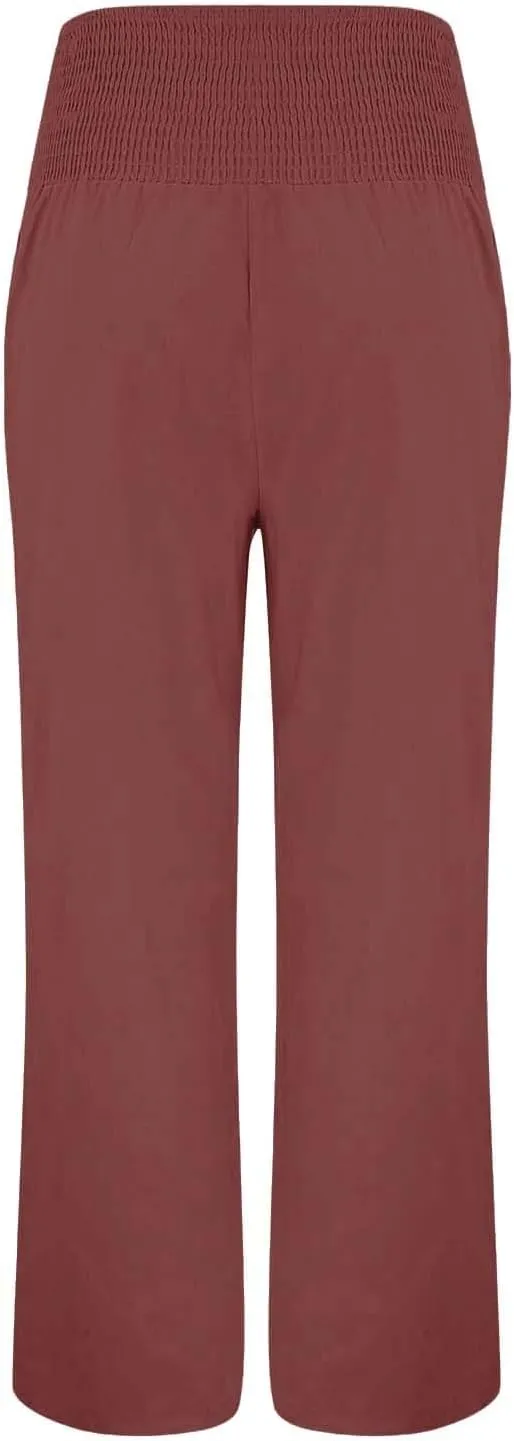 Women High Waisted Linen Palazzo Pants Summer Vacation 2025 Long Wide Leg Lounge Beach Pant Trousers with Pockets