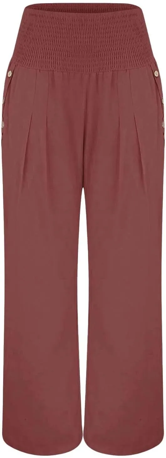 Women High Waisted Linen Palazzo Pants Summer Vacation 2025 Long Wide Leg Lounge Beach Pant Trousers with Pockets