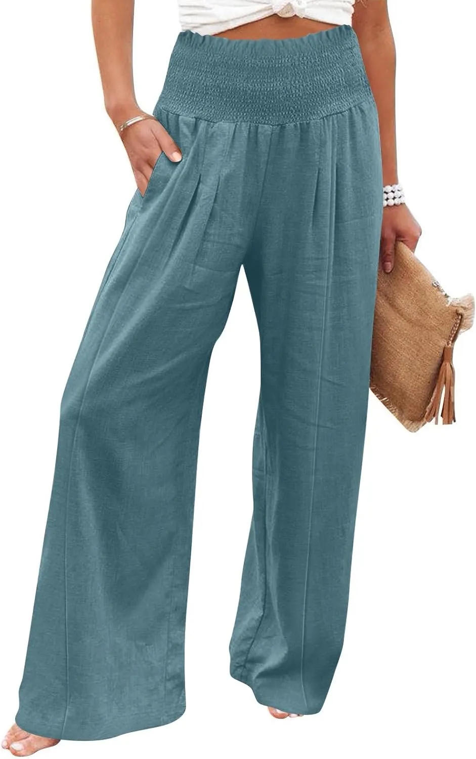 Women Linen Blend Summer Loose Flowy Palazzo Lounge Pants Elastic Waisted Wide Leg Plus Size Trousers Trendy