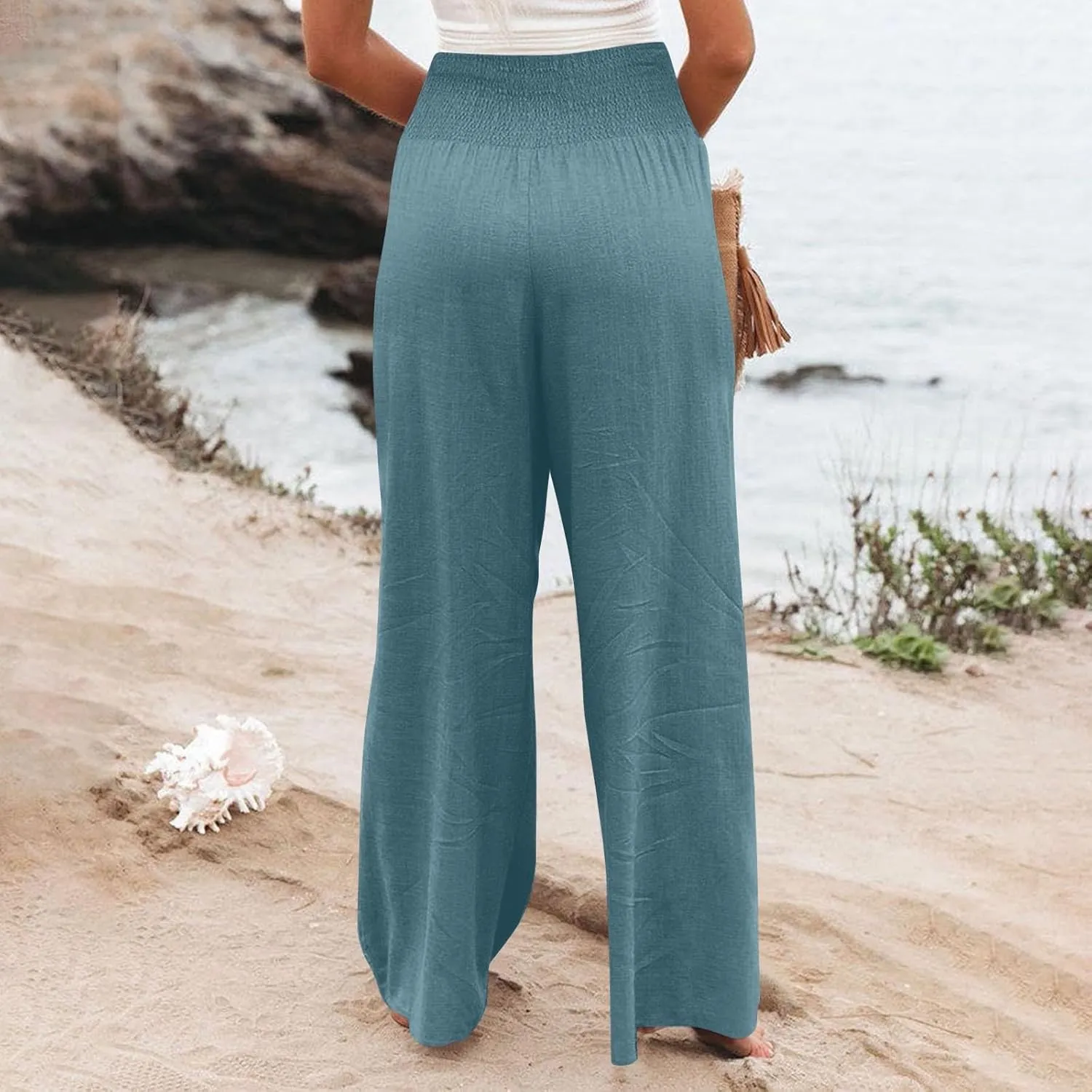 Women Linen Blend Summer Loose Flowy Palazzo Lounge Pants Elastic Waisted Wide Leg Plus Size Trousers Trendy