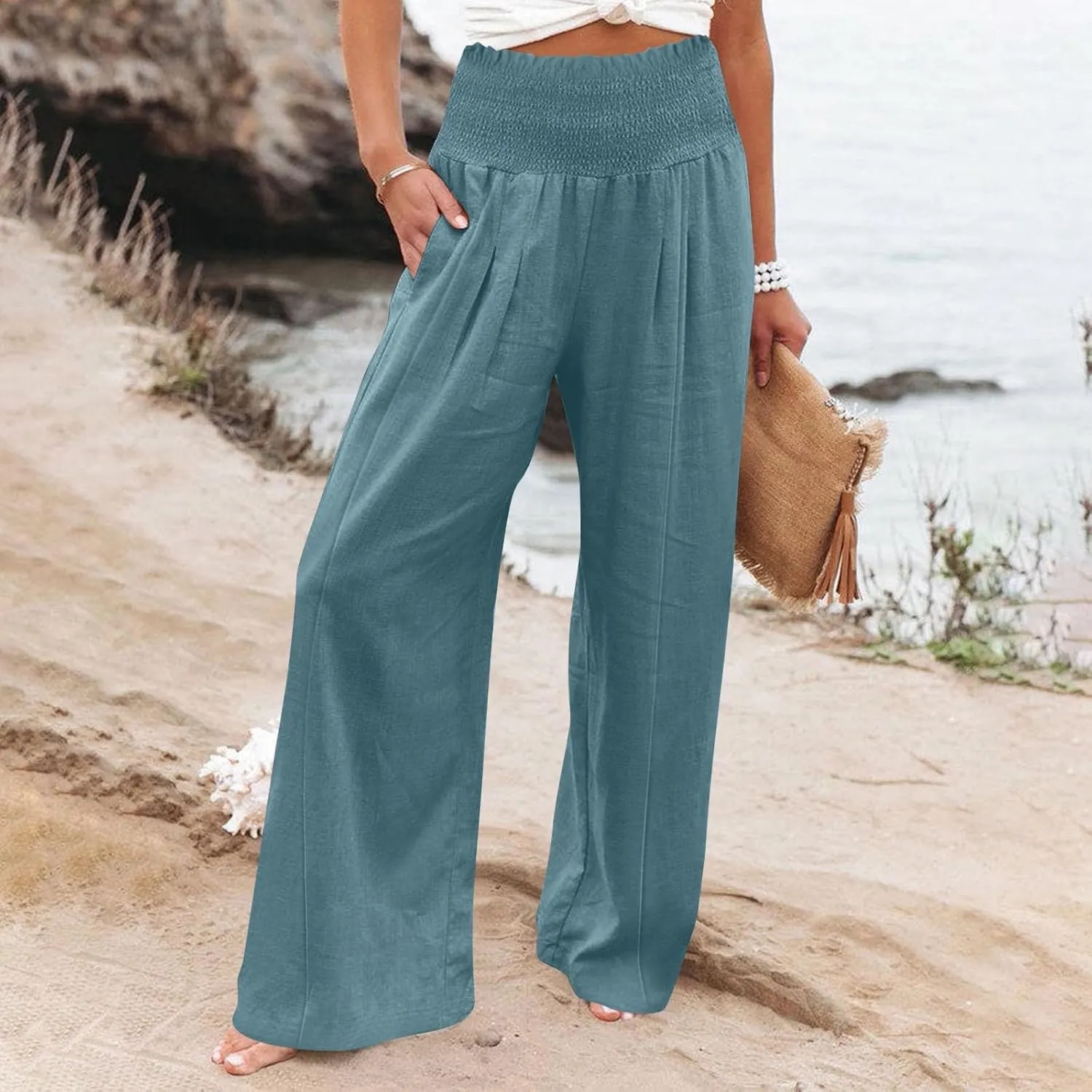 Women Linen Blend Summer Loose Flowy Palazzo Lounge Pants Elastic Waisted Wide Leg Plus Size Trousers Trendy