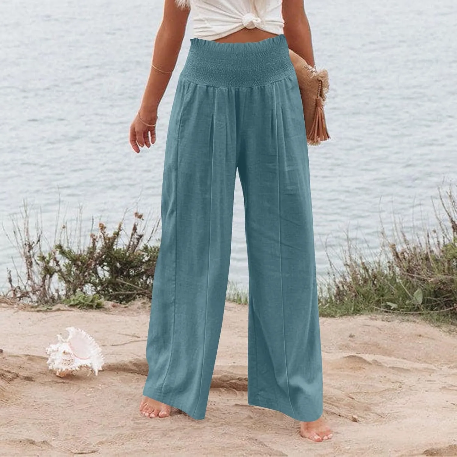Women Linen Blend Summer Loose Flowy Palazzo Lounge Pants Elastic Waisted Wide Leg Plus Size Trousers Trendy