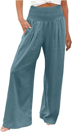 Women Linen Blend Summer Loose Flowy Palazzo Lounge Pants Elastic Waisted Wide Leg Plus Size Trousers Trendy