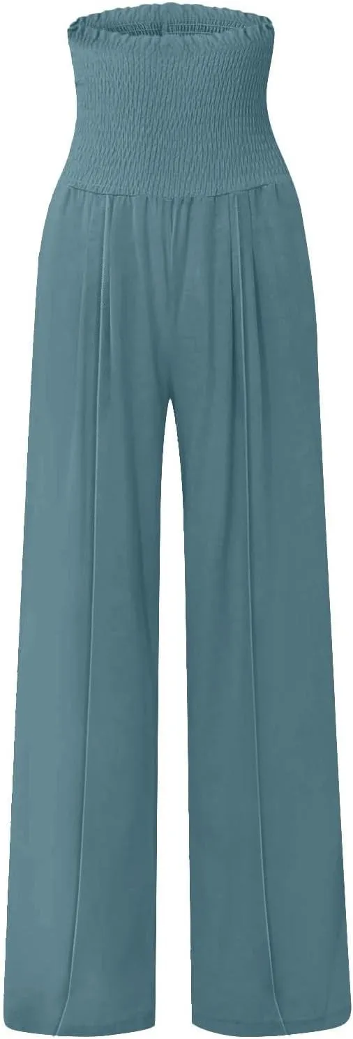 Women Linen Blend Summer Loose Flowy Palazzo Lounge Pants Elastic Waisted Wide Leg Plus Size Trousers Trendy