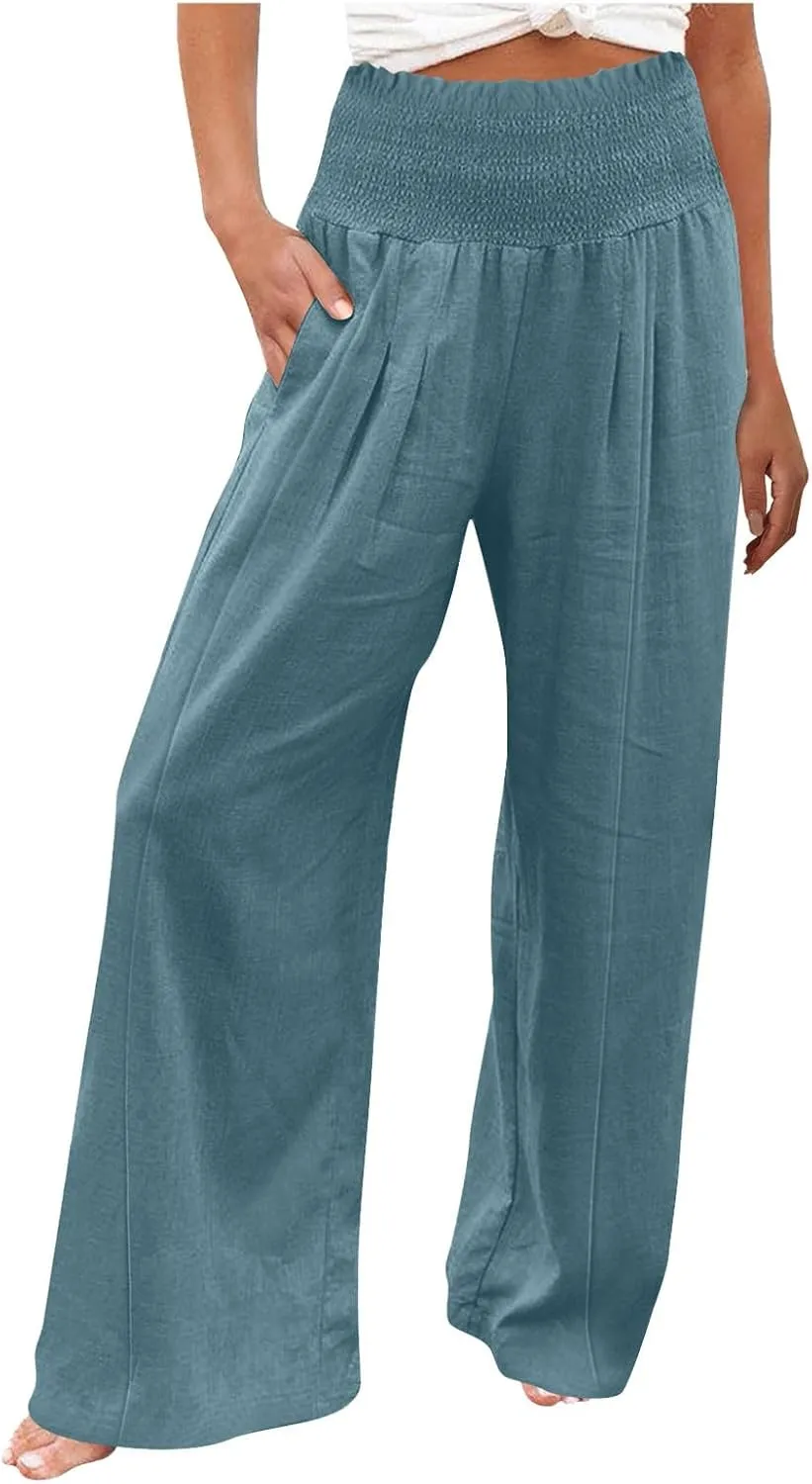 Women Linen Blend Summer Loose Flowy Palazzo Lounge Pants Elastic Waisted Wide Leg Plus Size Trousers Trendy