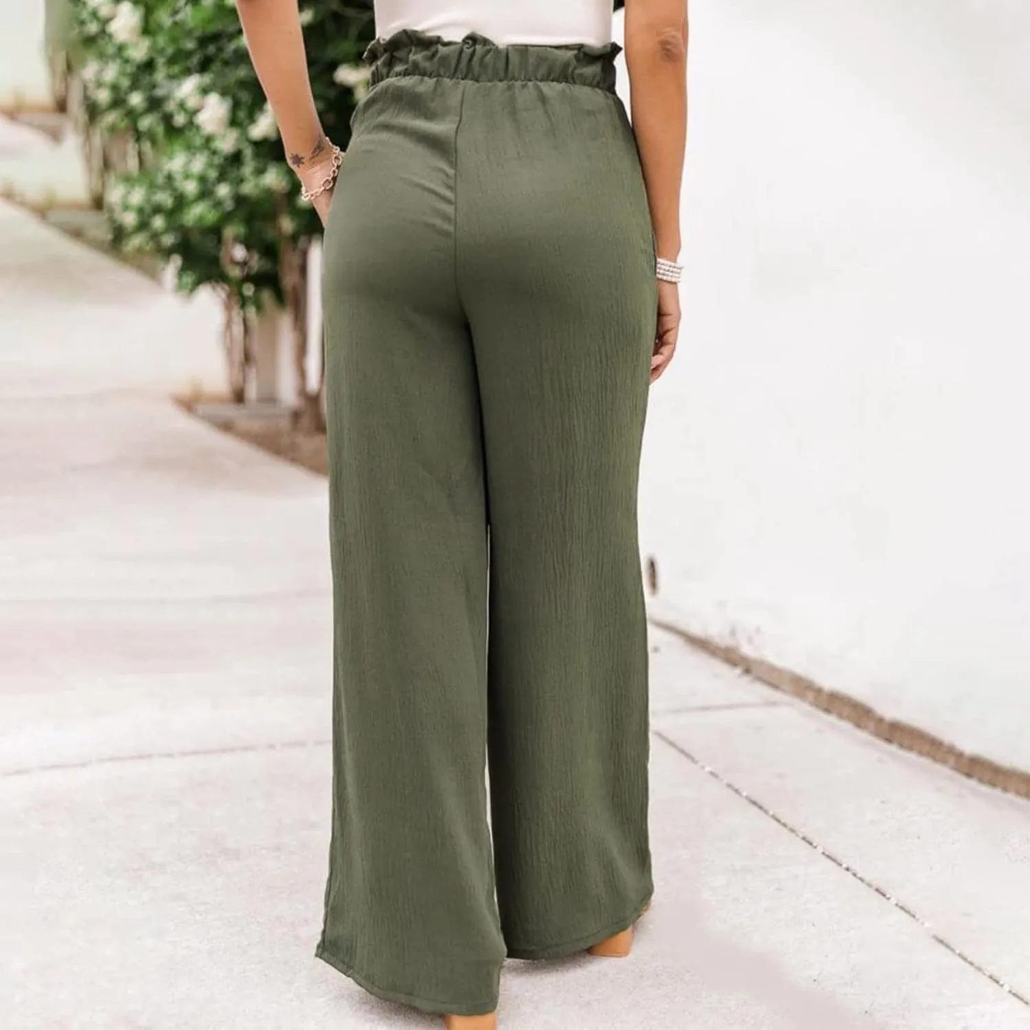 Women Linen Summer Drawstring Pants High Waist Wide Leg Slim Fit Trouser Trendy