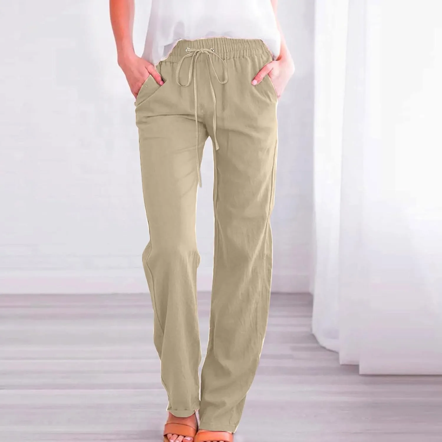 Women Linen Summer Drawstring Pants High Waist Wide Leg Slim Fit Trouser Trendy