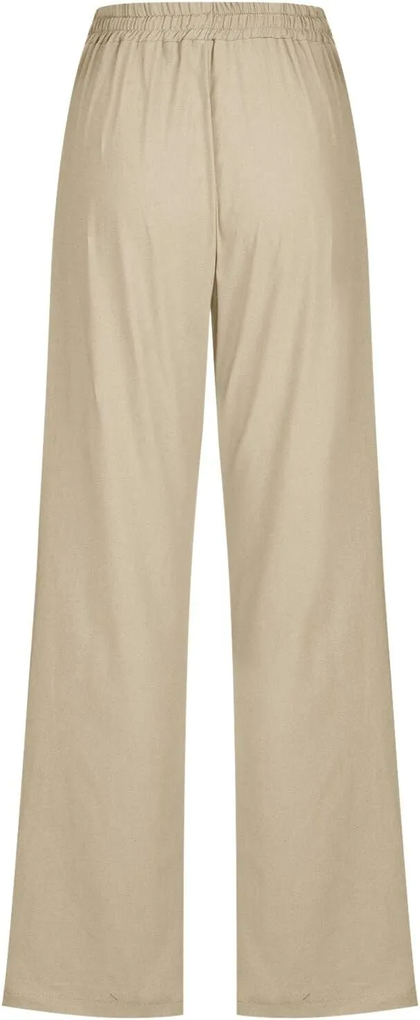 Women Linen Summer Drawstring Pants High Waist Wide Leg Slim Fit Trouser Trendy