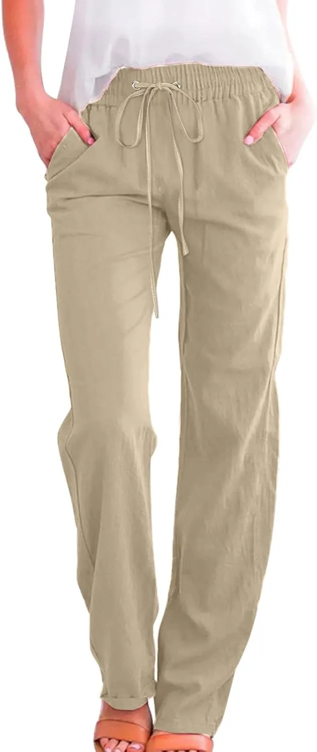 Women Linen Summer Drawstring Pants High Waist Wide Leg Slim Fit Trouser Trendy