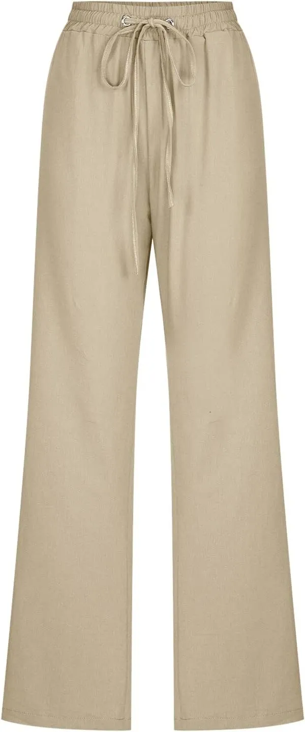 Women Linen Summer Drawstring Pants High Waist Wide Leg Slim Fit Trouser Trendy