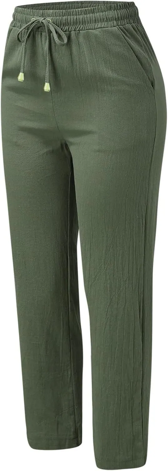 Women Linen Summer Trendy Pants Elastic Waist Ankle Length Slim Fit Pant Trousers Office