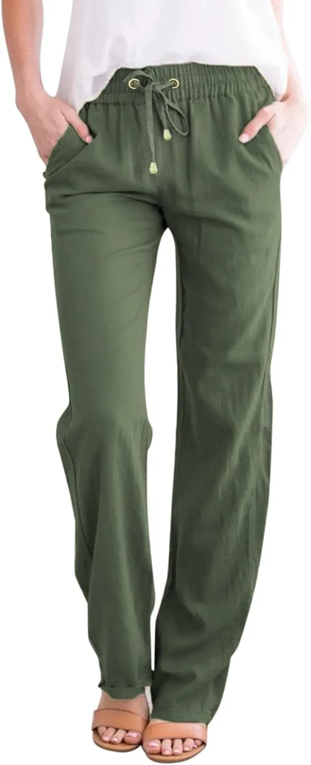 Women Linen Summer Trendy Pants Elastic Waist Ankle Length Slim Fit Pant Trousers Office