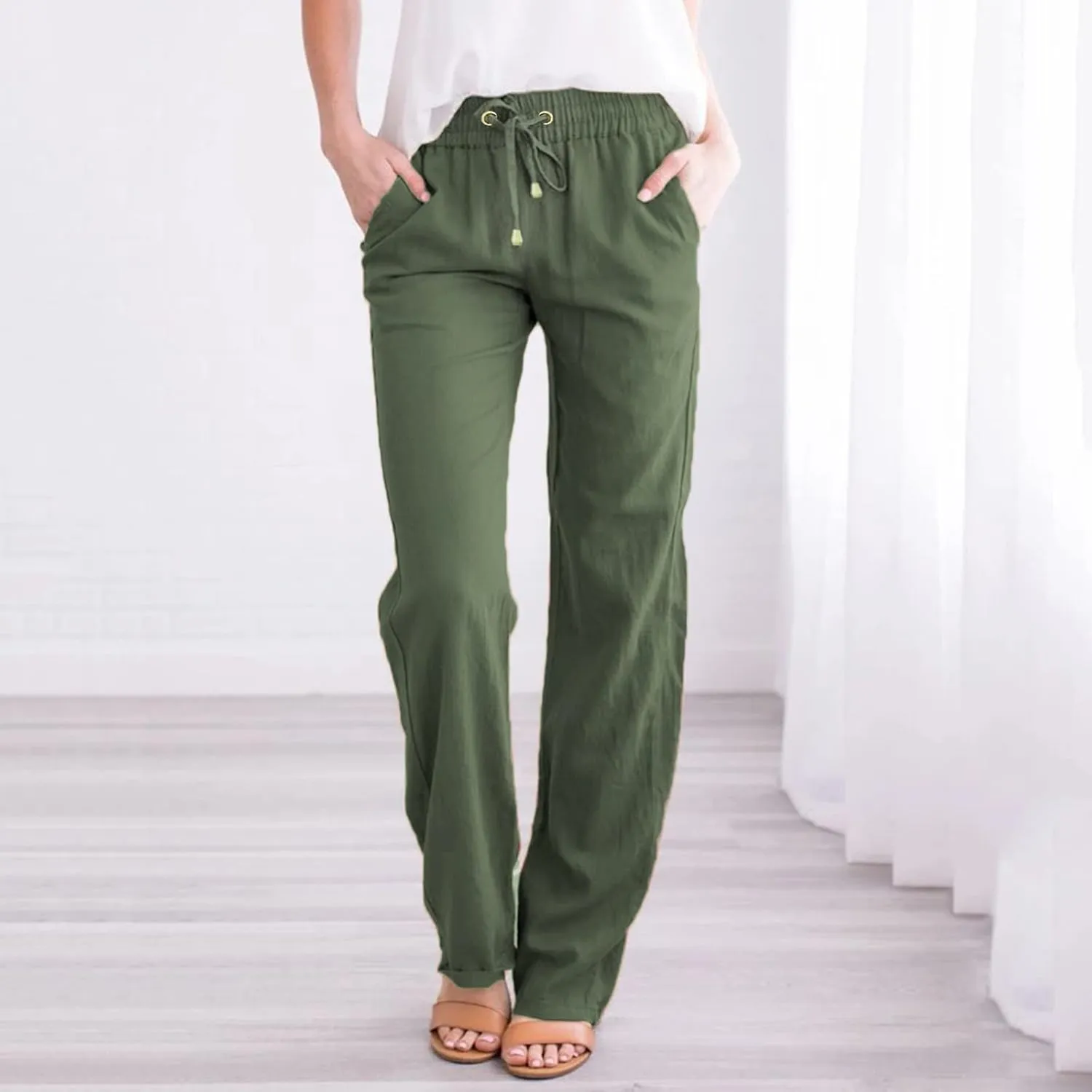 Women Linen Summer Trendy Pants Elastic Waist Ankle Length Slim Fit Pant Trousers Office