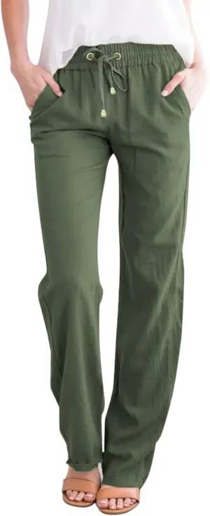 Women Linen Summer Trendy Pants Elastic Waist Ankle Length Slim Fit Pant Trousers Office