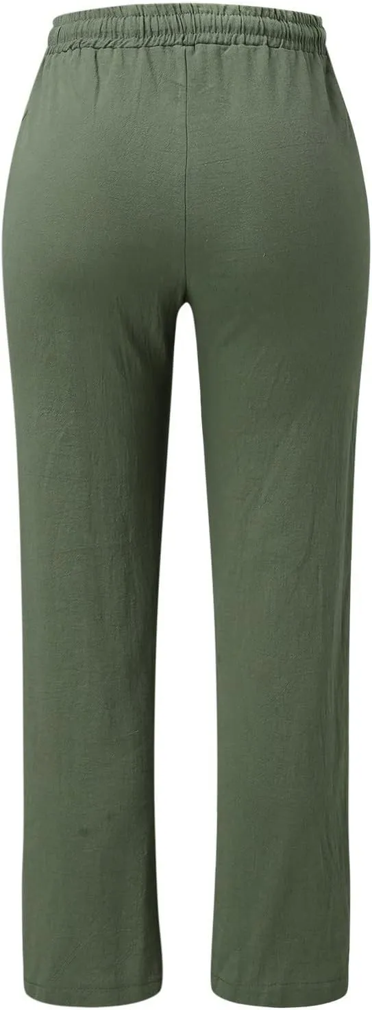 Women Linen Summer Trendy Pants Elastic Waist Ankle Length Slim Fit Pant Trousers Office