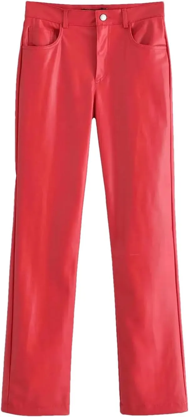 Women Red Faux Leather PU Pants High Waist Slim Zipper Casual Pockets Straight Trousers