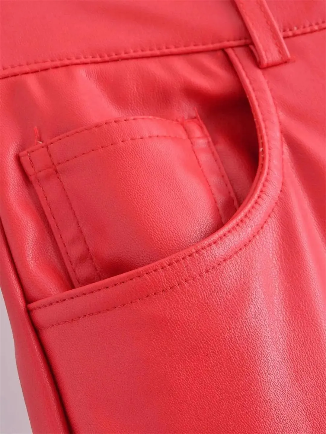 Women Red Faux Leather PU Pants High Waist Slim Zipper Casual Pockets Straight Trousers