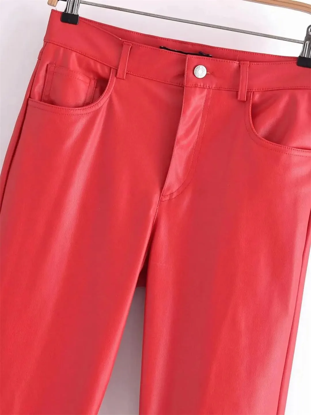 Women Red Faux Leather PU Pants High Waist Slim Zipper Casual Pockets Straight Trousers