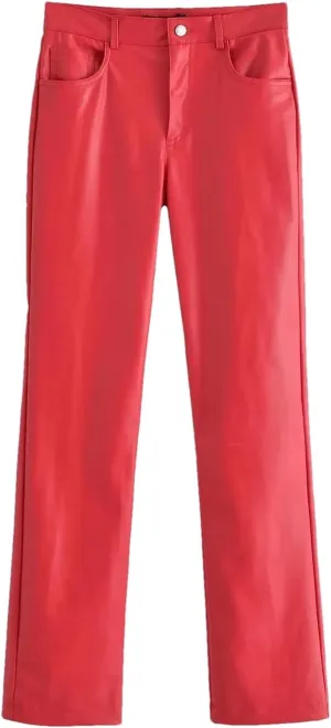 Women Red Faux Leather PU Pants High Waist Slim Zipper Casual Pockets Straight Trousers