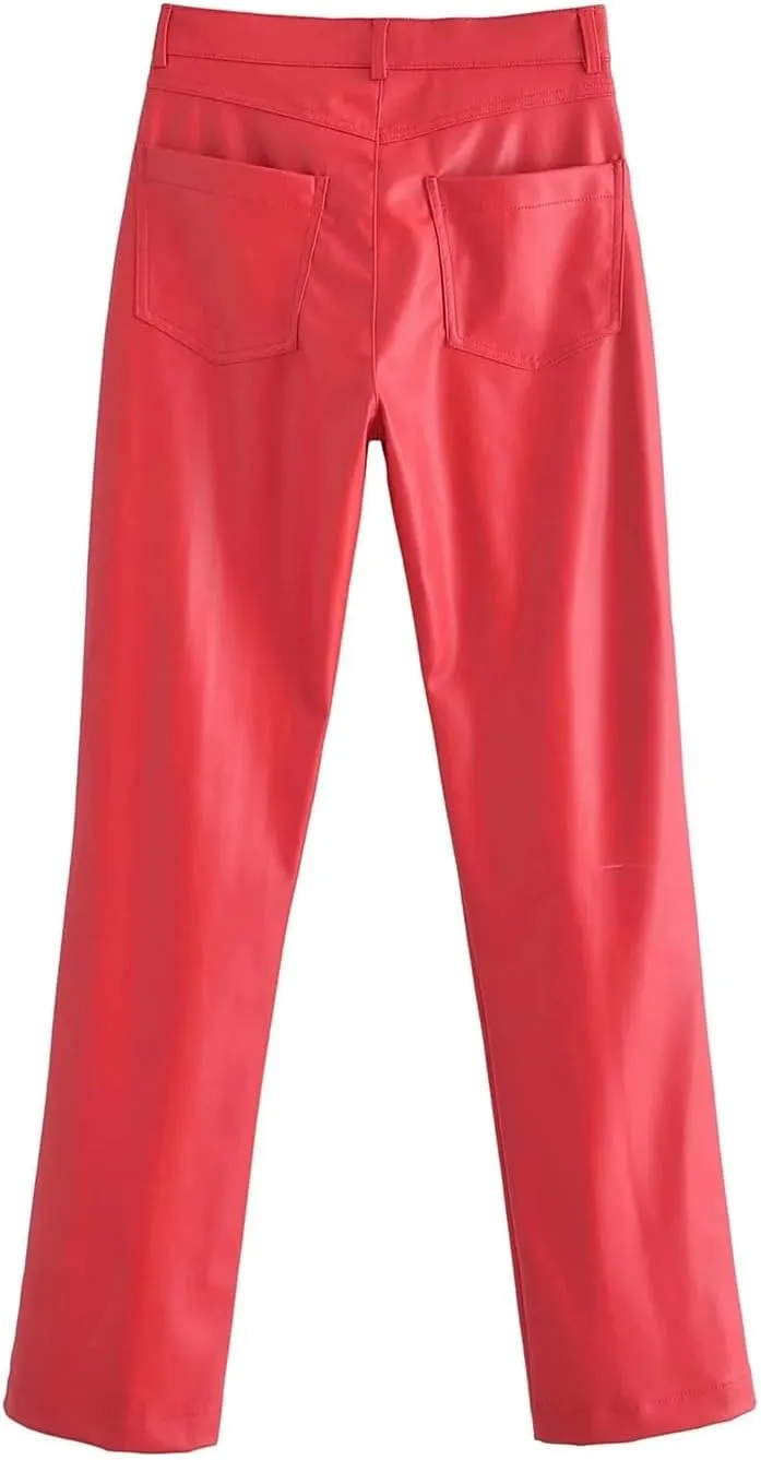 Women Red Faux Leather PU Pants High Waist Slim Zipper Casual Pockets Straight Trousers