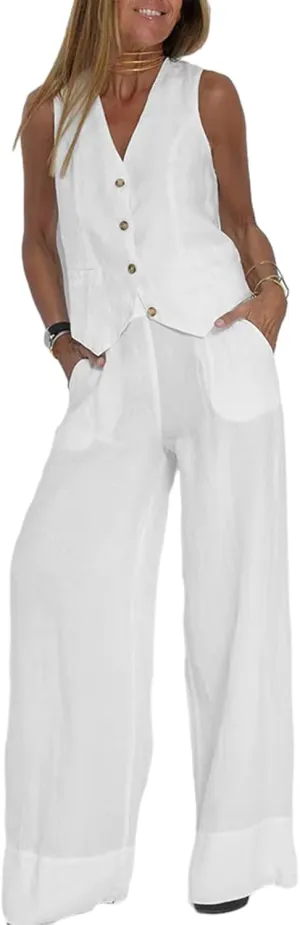 Women Two Piece Outfits Button V Neck Vest Top Blazer Wide Leg Pants Suit Business Summer Lounge Matching Set