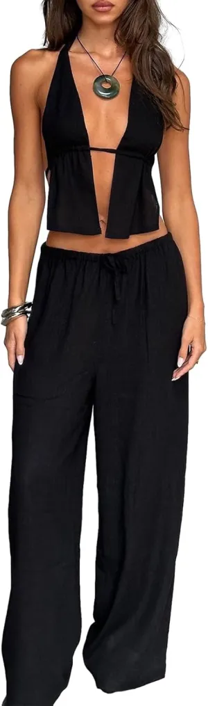 Women Two Piece Outfits Button V Neck Vest Top Blazer Wide Leg Pants Suit Business Summer Lounge Matching Set