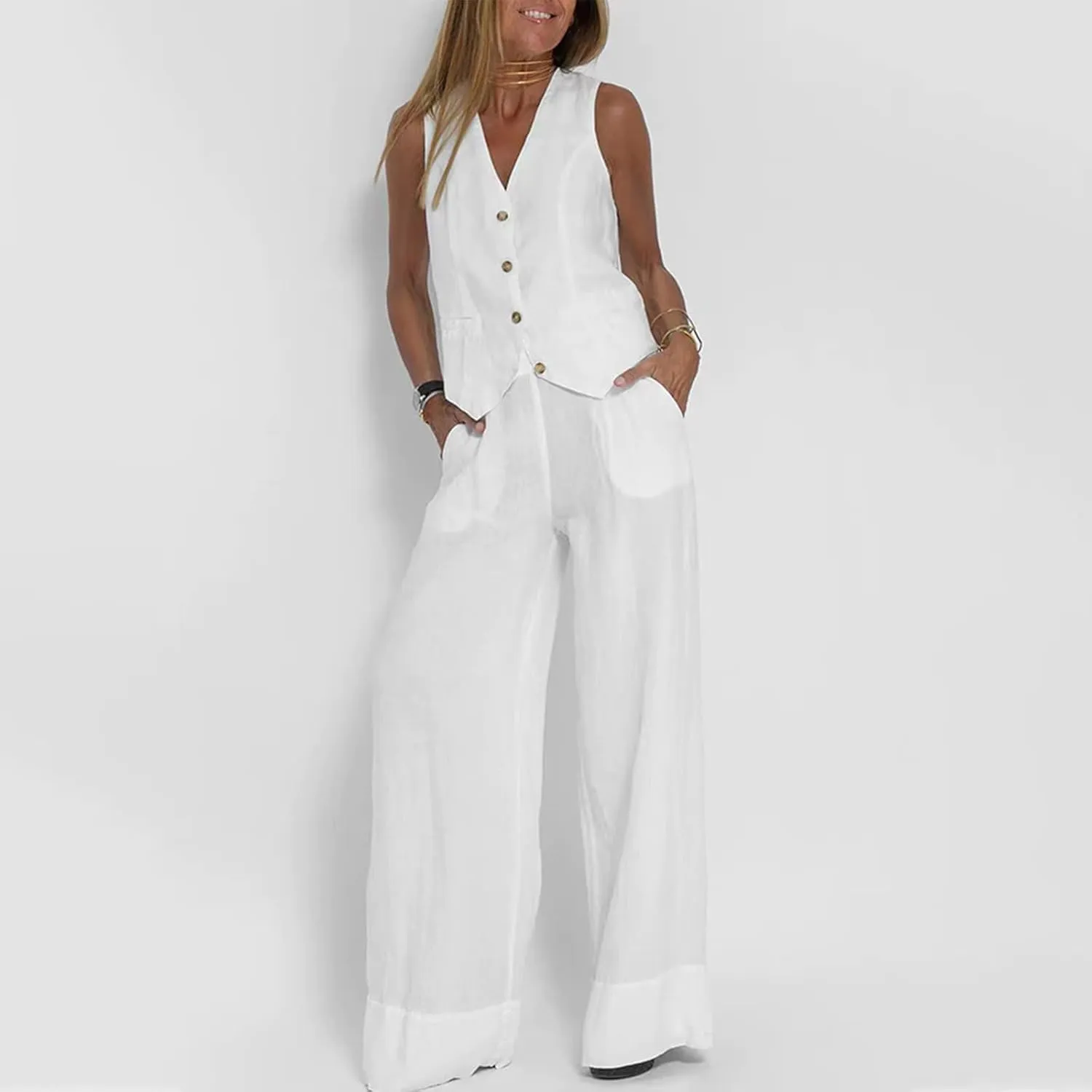 Women Two Piece Outfits Button V Neck Vest Top Blazer Wide Leg Pants Suit Business Summer Lounge Matching Set