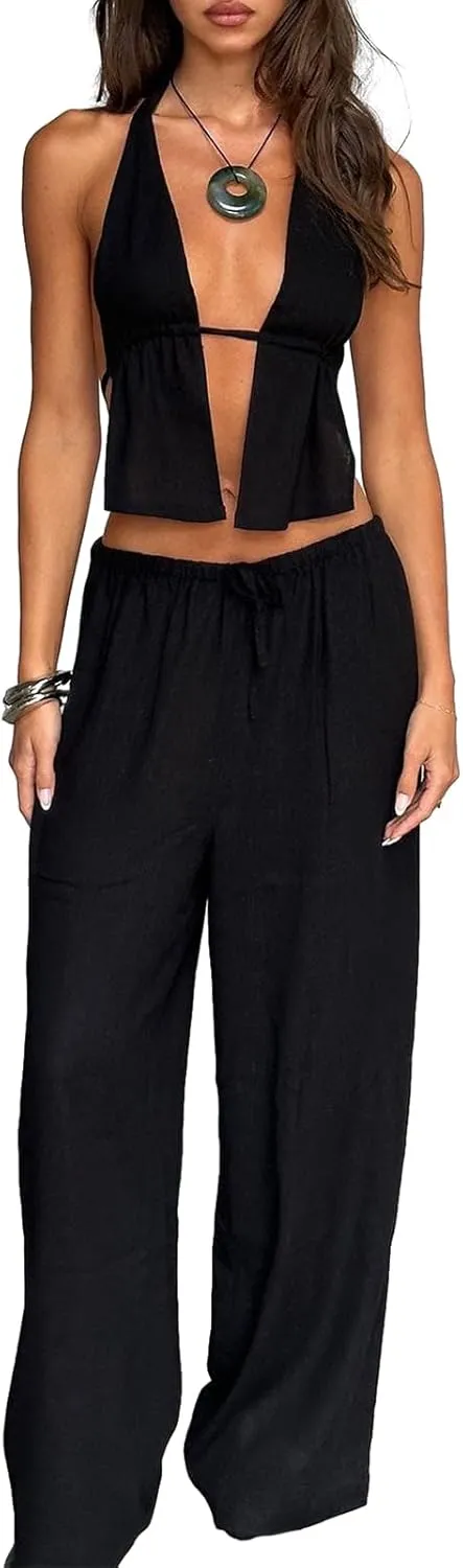 Women Two Piece Outfits Button V Neck Vest Top Blazer Wide Leg Pants Suit Business Summer Lounge Matching Set